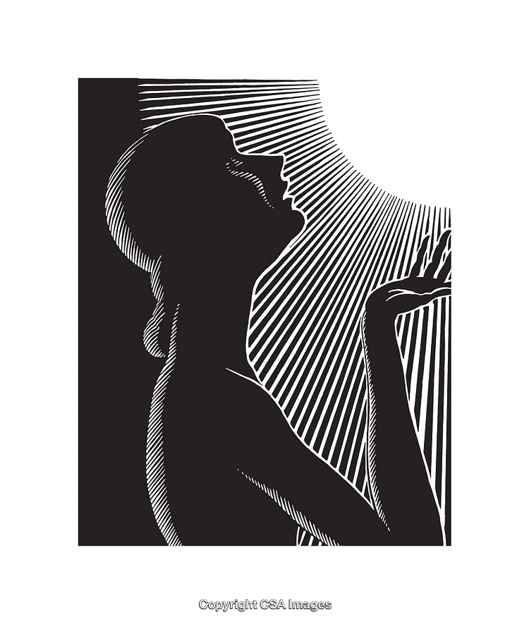 Black and White Line Art of Woman Reaching Toward Light