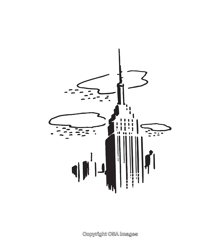 Black and White Line Art of a Skyscraper and Clouds