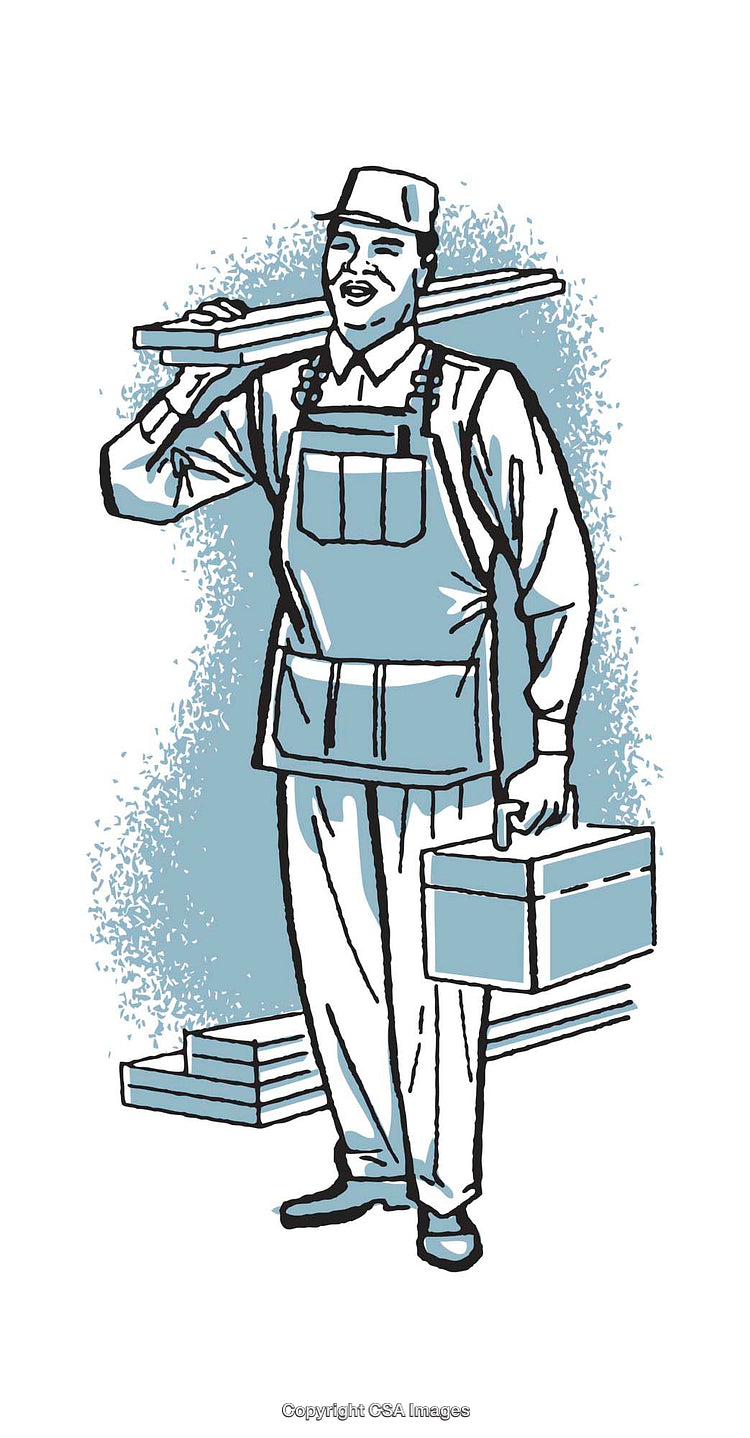 Illustrated Worker Carrying Tools and Wood Planks in Snappy Colors