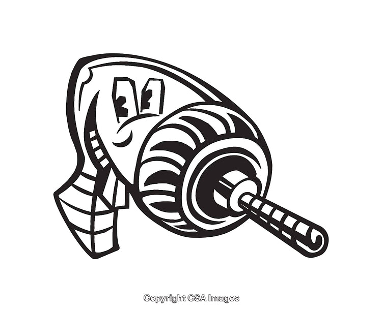 Black and White Line Art Illustration of a Smiling Drill Tool