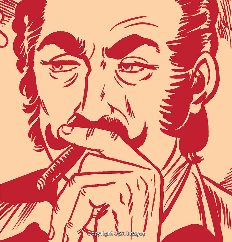 Vintage Illustration of a Thoughtful Man Smoking a Cigar in Retro Style