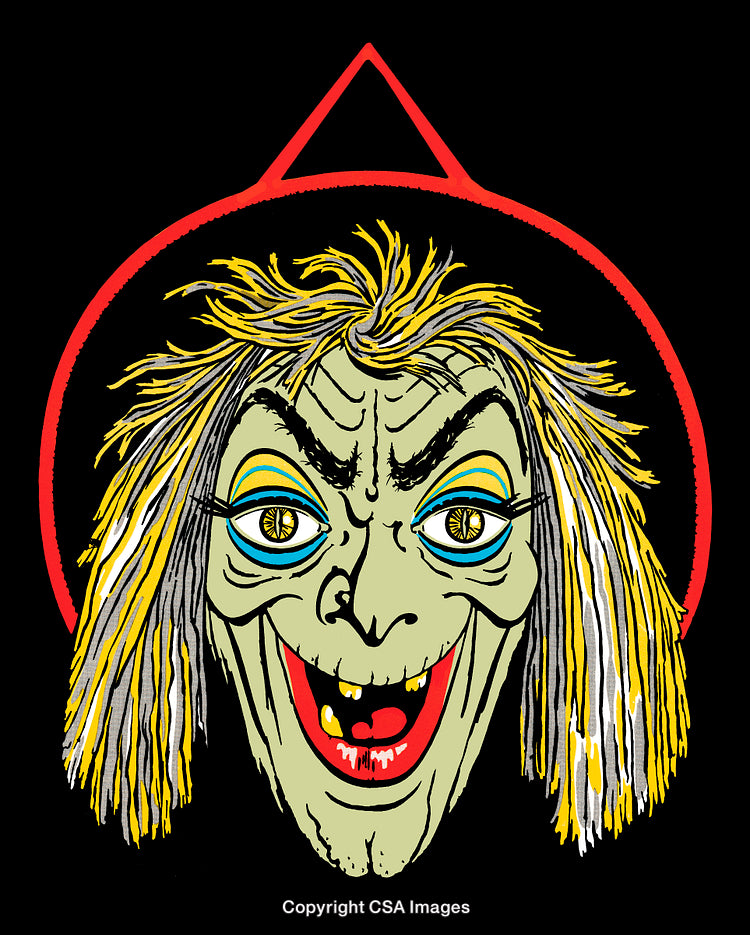 Colorful Illustration of a Creepy Witch Face on a Black Background