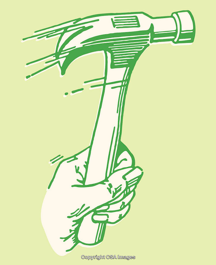 Illustration of a Hand Holding a Hammer on Light Green Background