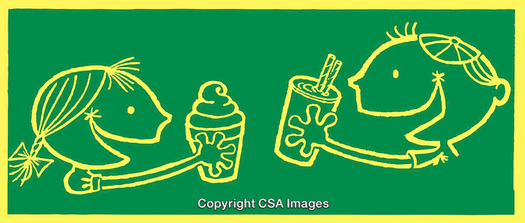 Colorful Line Art of Two Children Sharing Drinks and Smiling