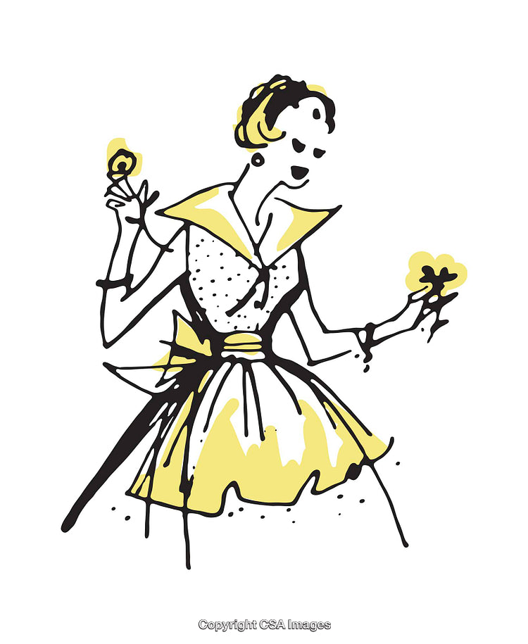 Stylized Illustration of a Woman Holding Flowers in Elegant Dress