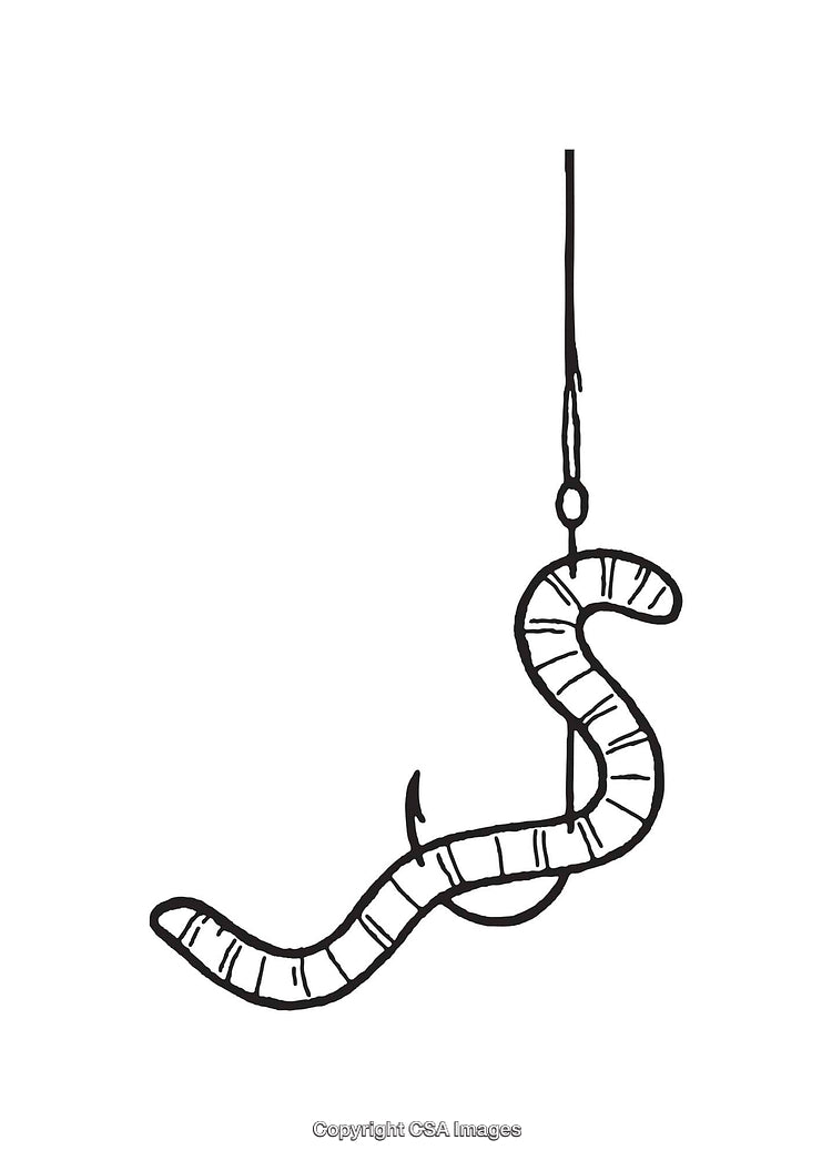 Black and White Line Art of Worm with Hook for Fishing Theme