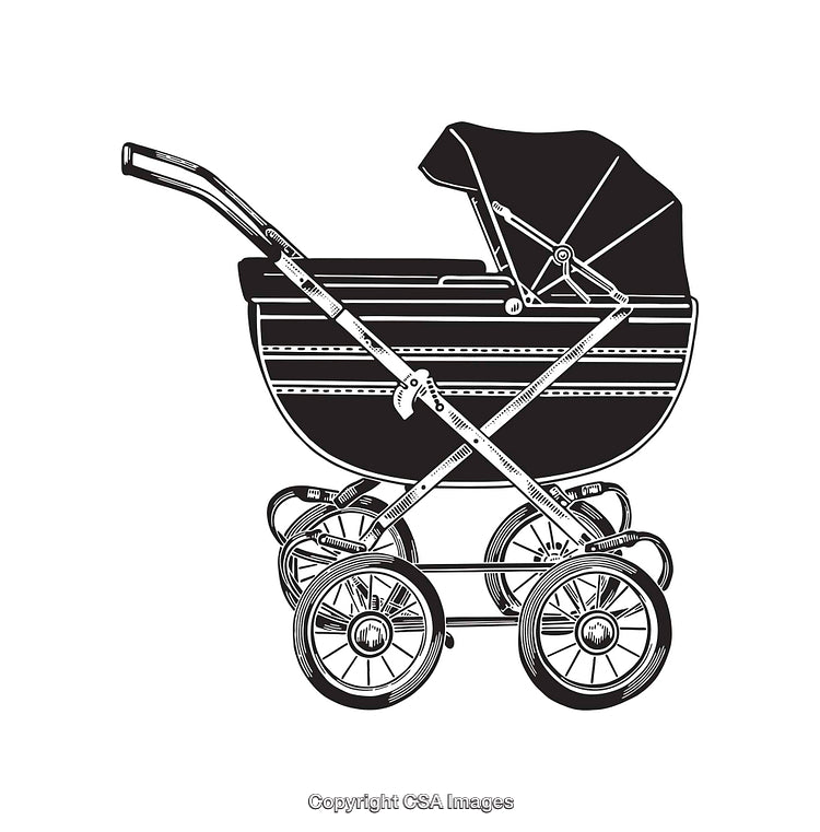 Vintage Illustration of a Classic Baby Stroller in Black and White Line Art