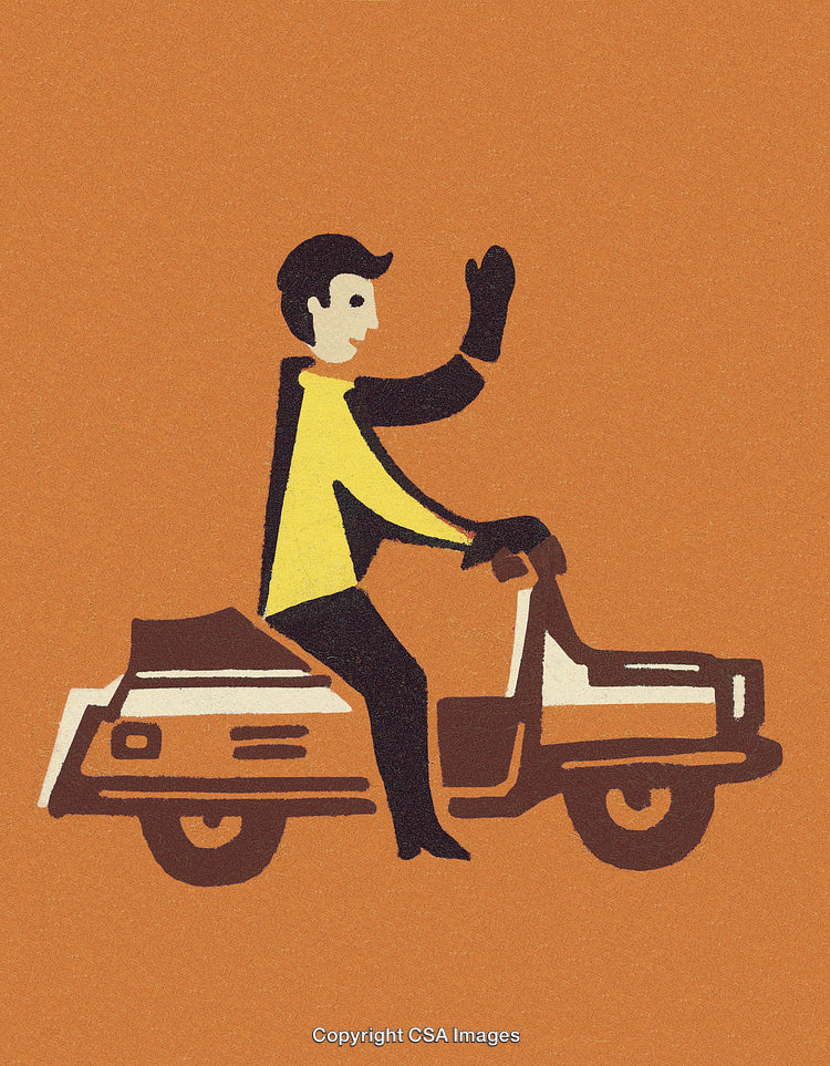 Retro Illustration of A Man Riding A Scooter with A Raised Hand Gesture