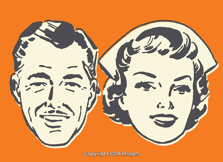 Retro Style Illustration of a Smiling Man and Woman on Orange Background