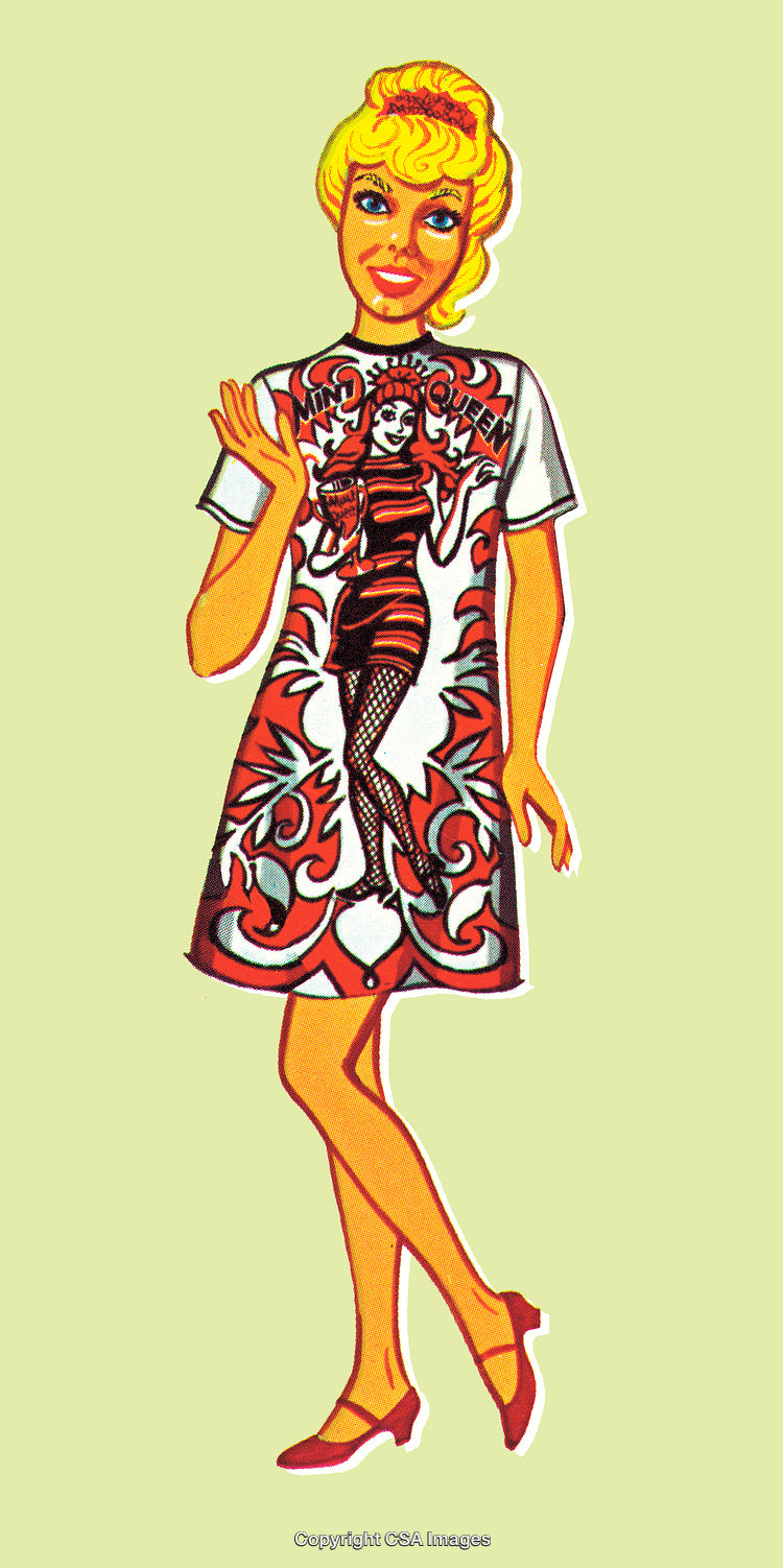 Retro Illustration of Woman in Vibrant Dress with Artistic Design
