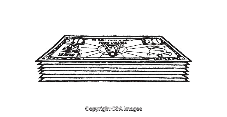 Stack of Fifty-Dollar Bills in Black and White Line Art Illustration