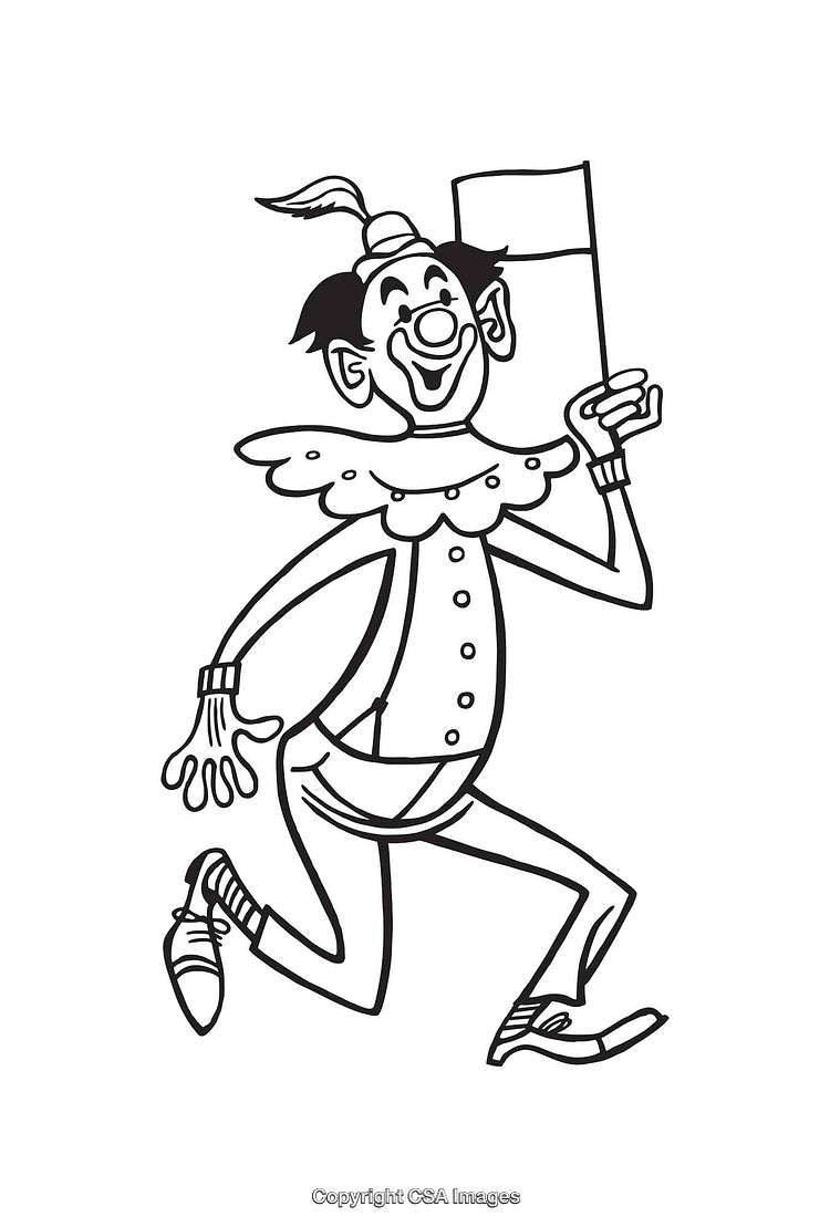 Black and White Line Art Clown Illustration with Cheerful Expression