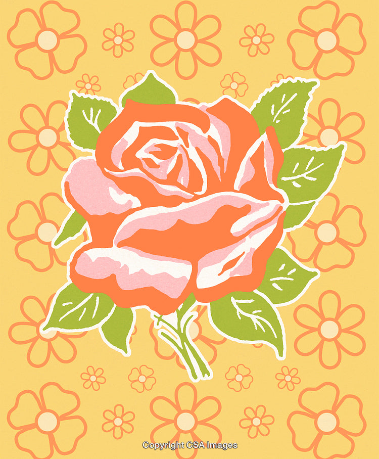 Vibrant Floral Illustration Featuring a Pink Rose With Decorative Patterned Background