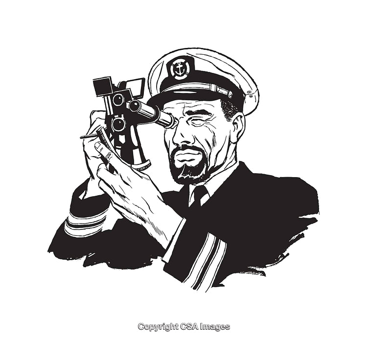 Maritime Captain Using Sextant Navigational Instrument in Black and White Line Art