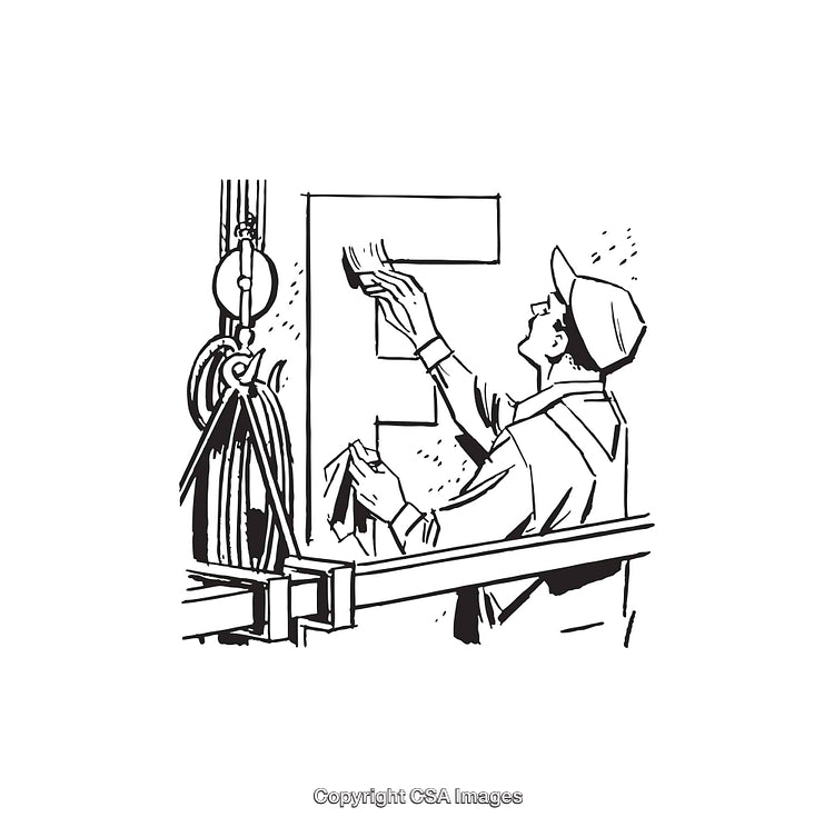 Worker Polishing Letter E in Industrial Setting Line Art Illustration