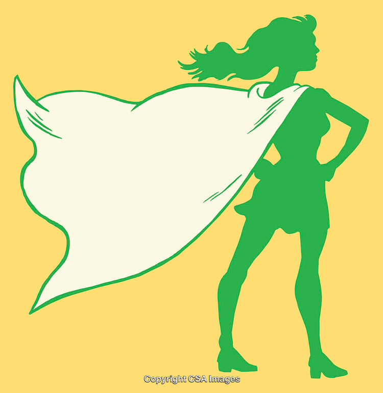 Silhouette Of A Superhero Woman With Cape Against Yellow Background