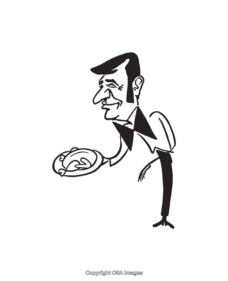 Cartoon Illustration of Waiter Serving a Dish with Humorous Caricature Style
