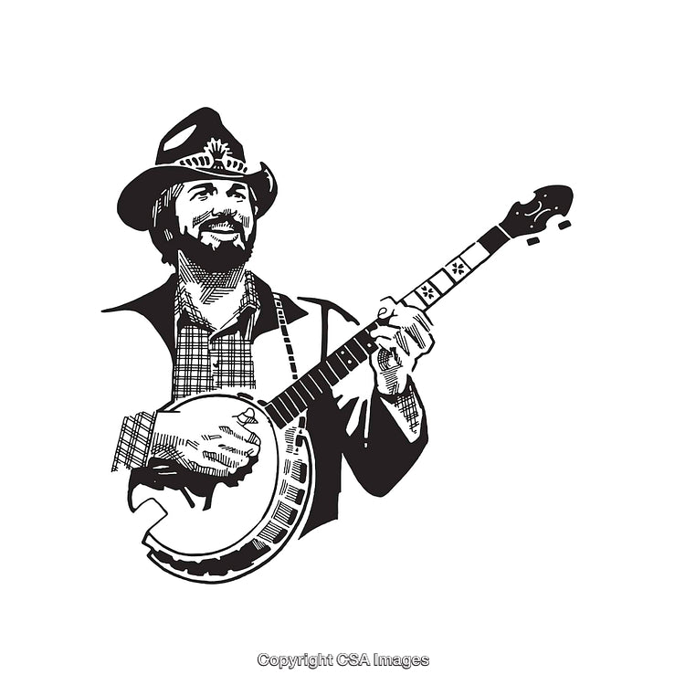 Black and White Line Art of a Banjo Player Iconography
