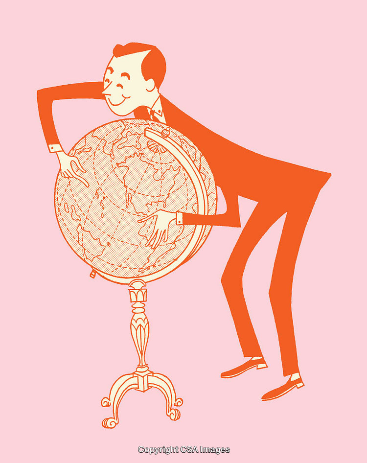 Vintage Style Illustration of a Man with a Globe on Pastel Background