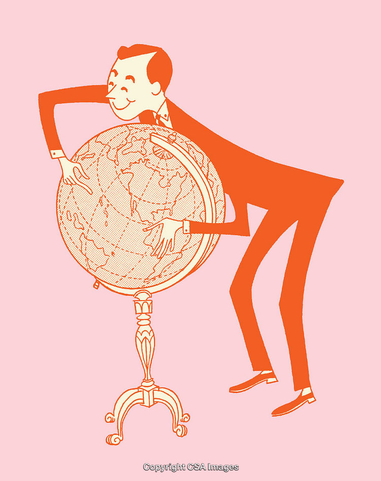 Vintage Style Illustration of a Man with a Globe on Pastel Background