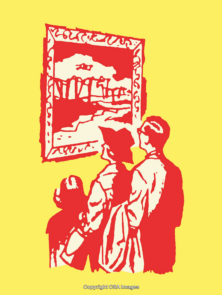 Family Observing a Framed Artwork in a Museum Setting
