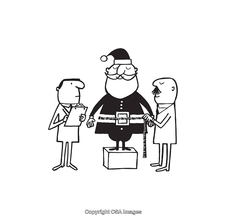 Black And White Illustration of Santa Being Measured for His Outfit