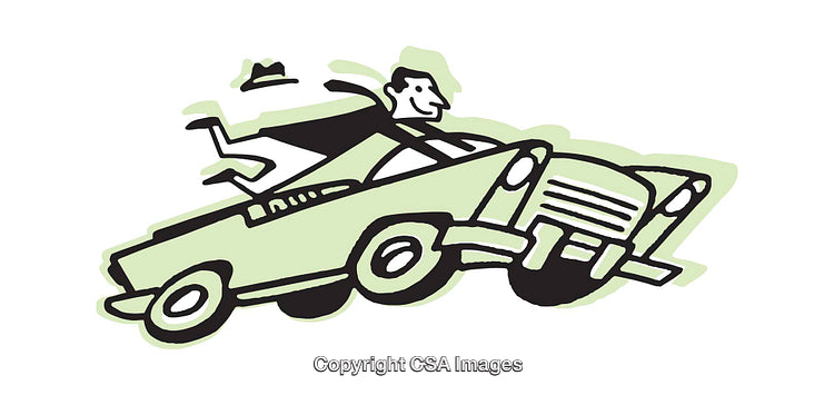 Illustrated Man Jumping from Vintage Convertible Car with Energy