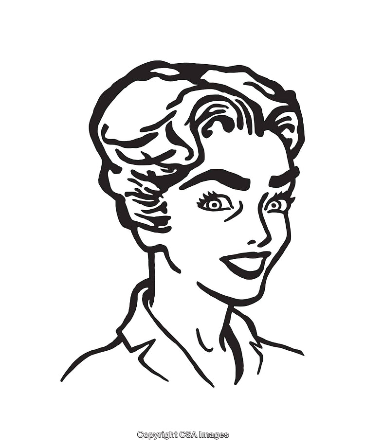 Retro Line Art Illustration of a Woman with Styled Hair and Smiling Expression