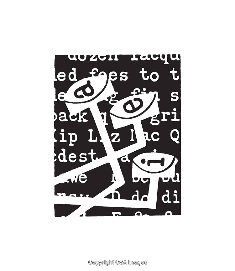 Abstract Black and White Line Art with Text and Graphic Elements