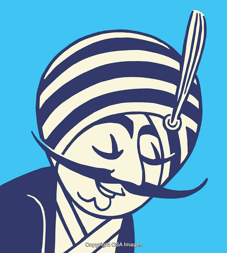 Abstract Illustration of a Turbaned Man with a Feather in Blue Tones