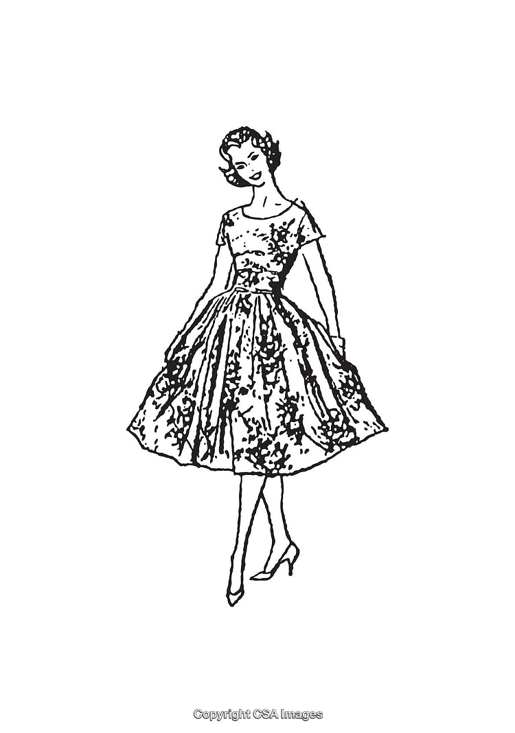 Vintage Line Art of Elegant Woman Wearing a Floral Dress