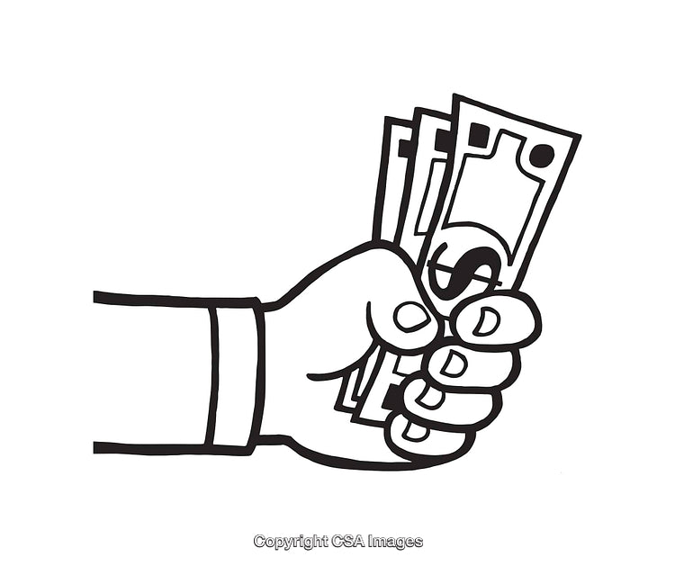 Hand Holding Dollar Bills in Black and White Line Art Style