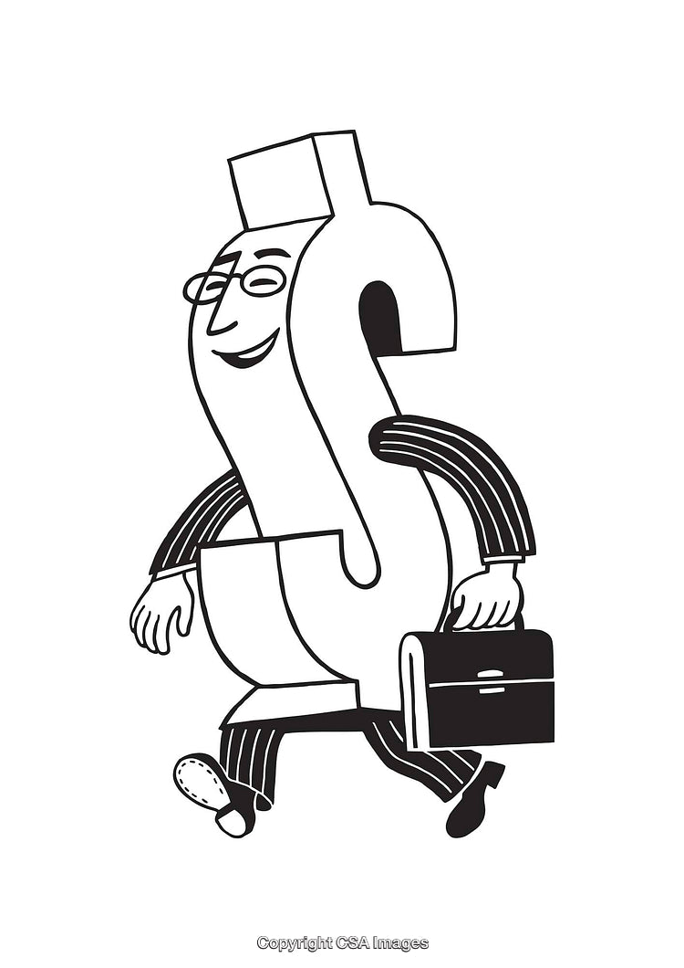 Illustration of a Dollar Sign Figure Holding a Briefcase in Line Art