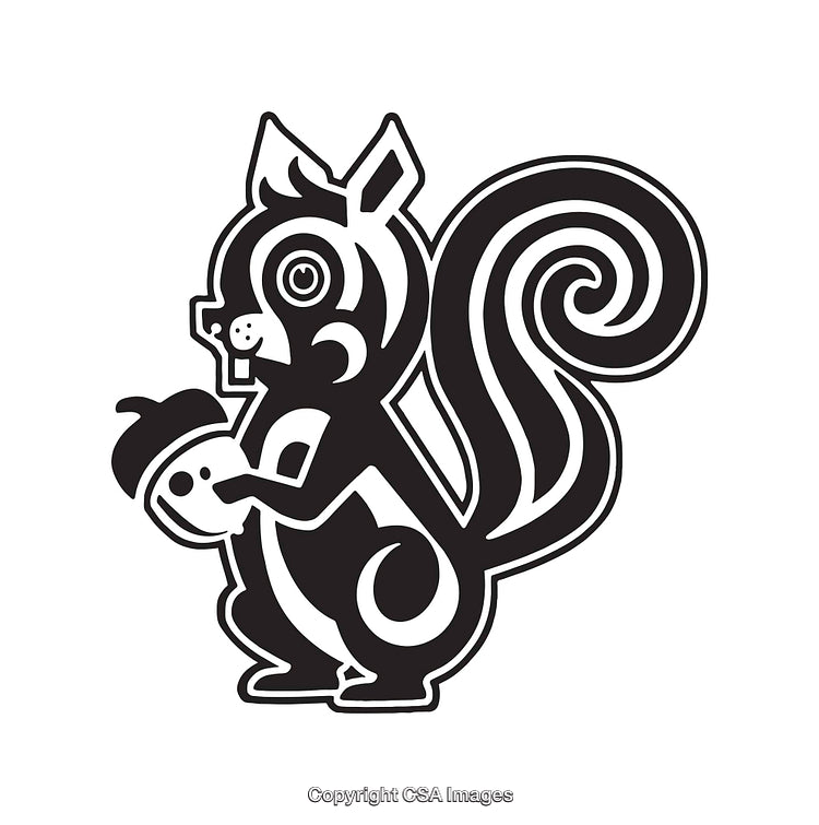 Stylized Black and White Illustration of a Squirrel Holding an Acorn