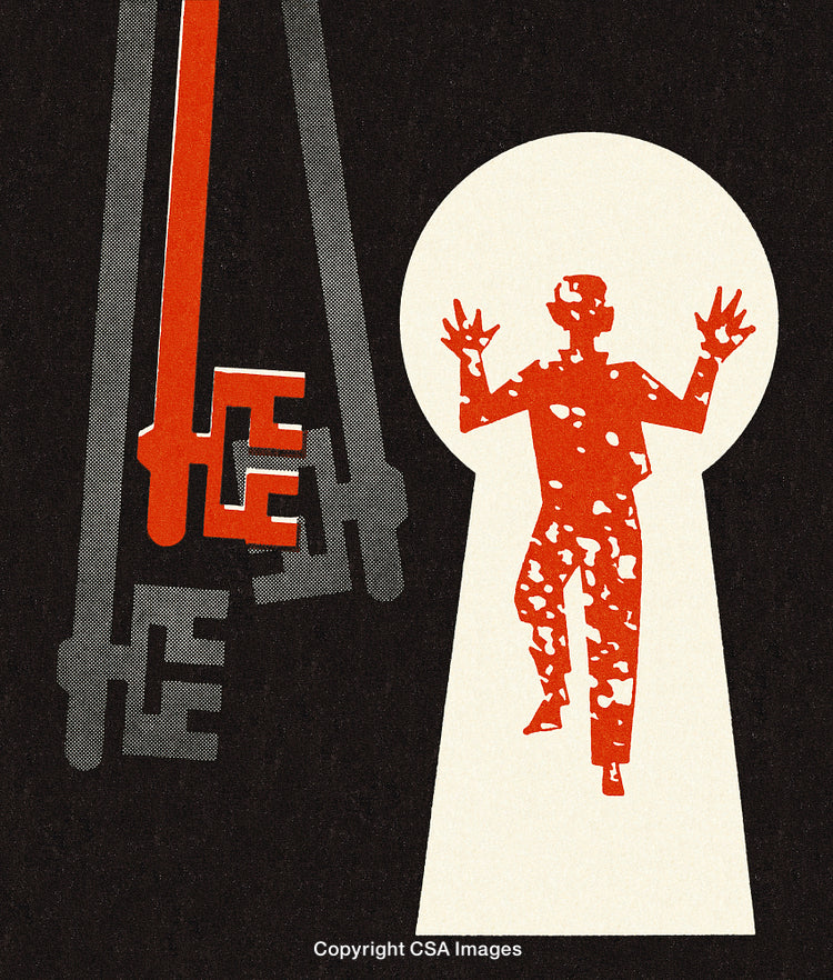 Abstract Retro Artwork Featuring Keys and Silhouetted Figure in Keyhole