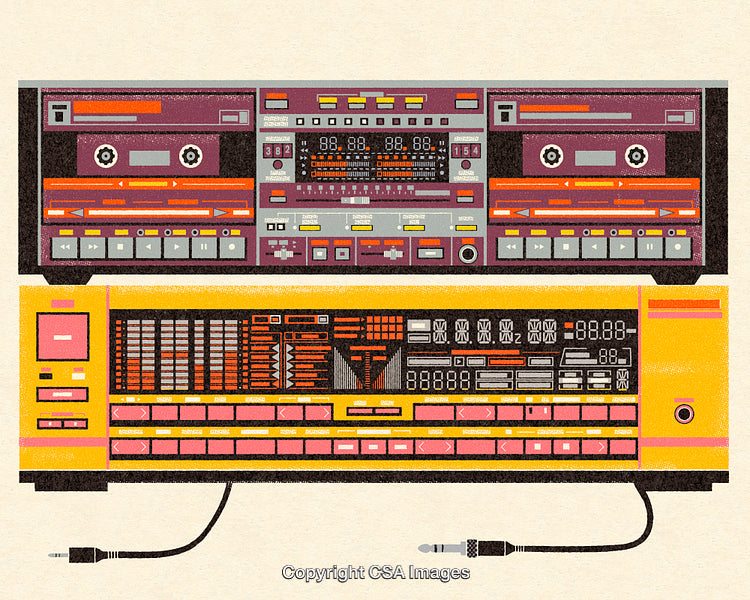 Retro Audio Devices Featuring Cassette Player and Stereo Components in Bright Colors