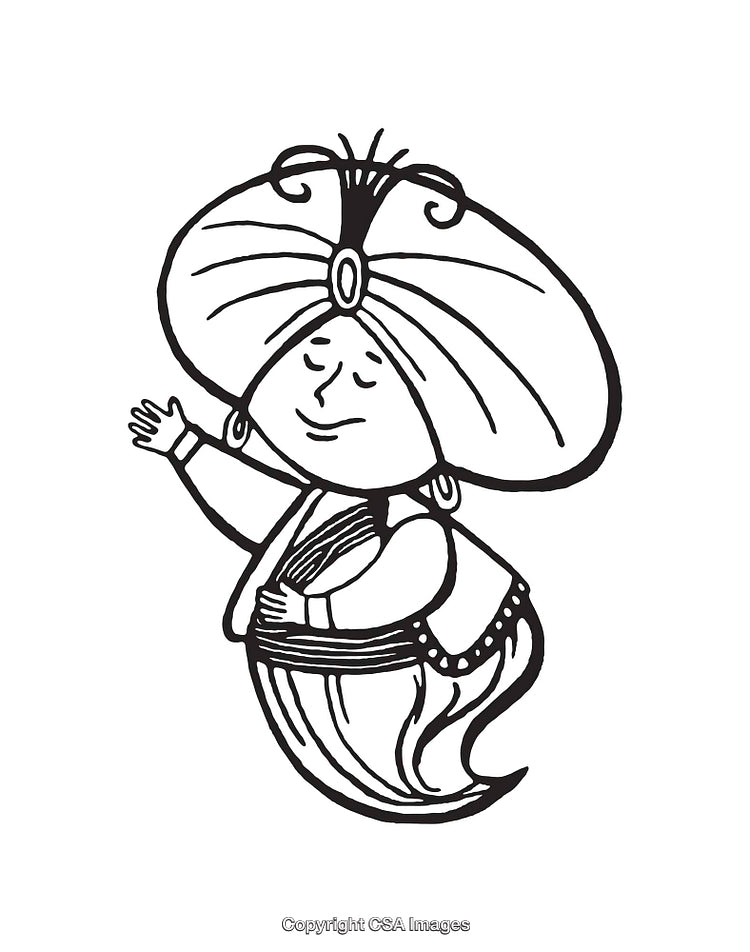 Black and White Line Art Illustration of a Cartoon Genie