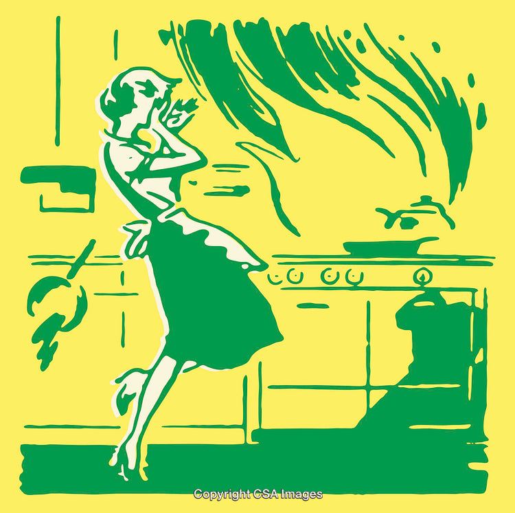 Illustrated Retro Woman in Kitchen with Oversized Green Flames