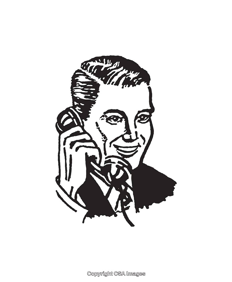 Retro Black and White Line Art Illustration of Man on Telephone