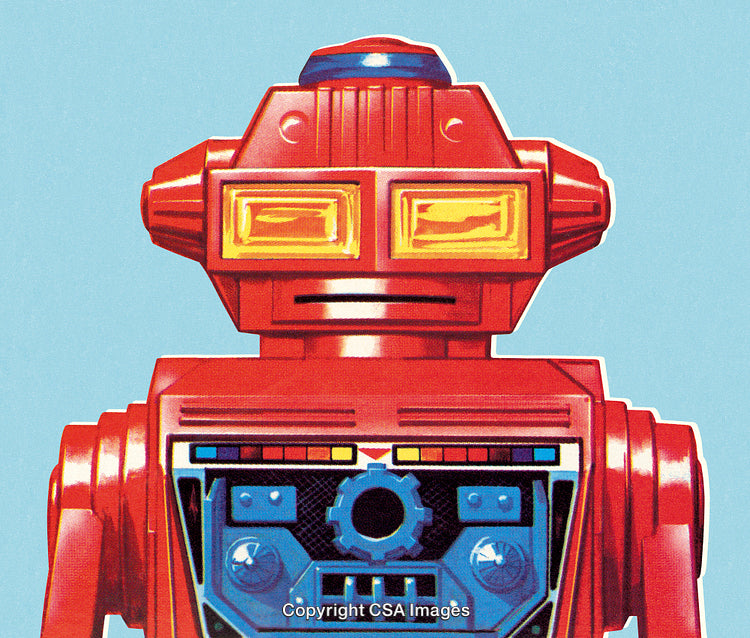 Retro Red Robot Front View With Bright Features and Blue Background