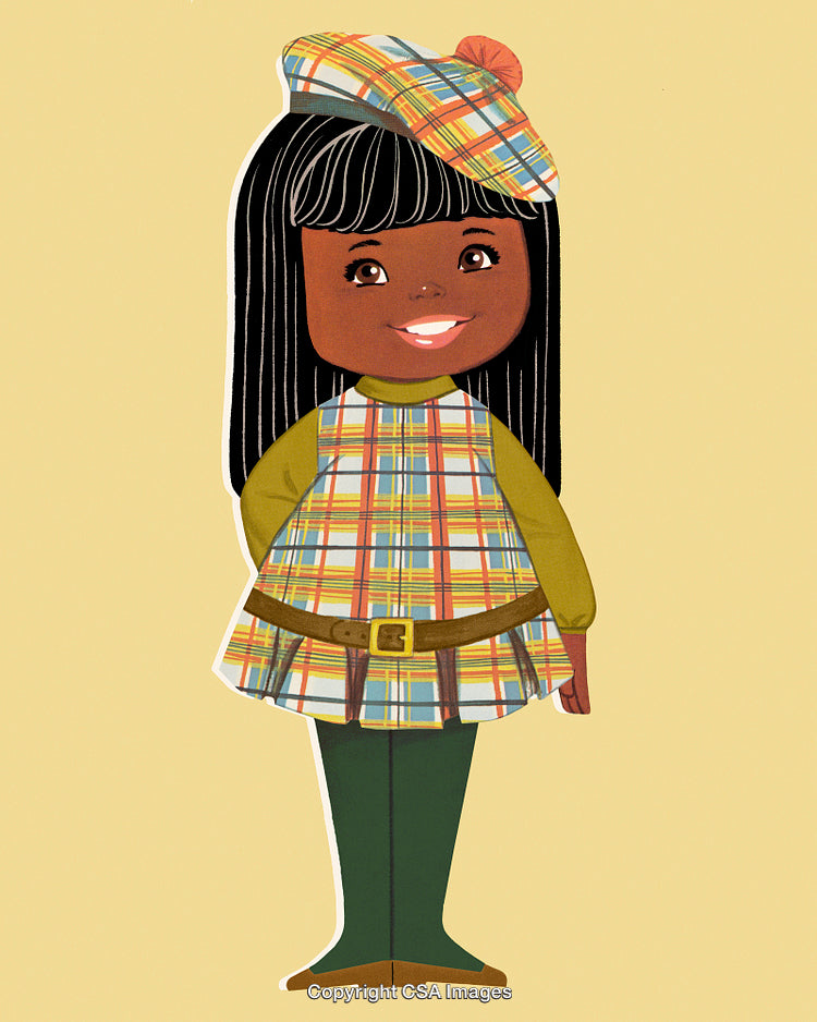 Smiling Girl in Colorful Tartan Outfit Standing Against Neutral Background