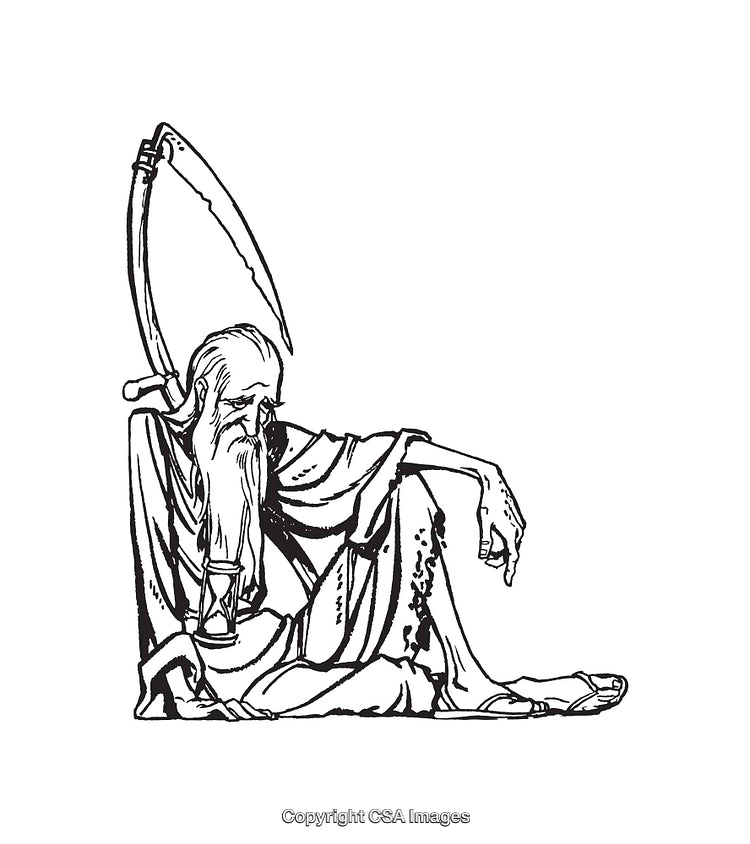 Black and White Line Art Depicting a Symbolic Figure with a Scythe