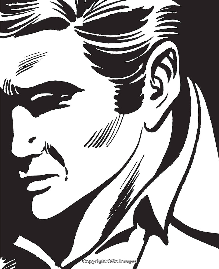 Black and White Illustration of a Thoughtful Person in Retro Art Style