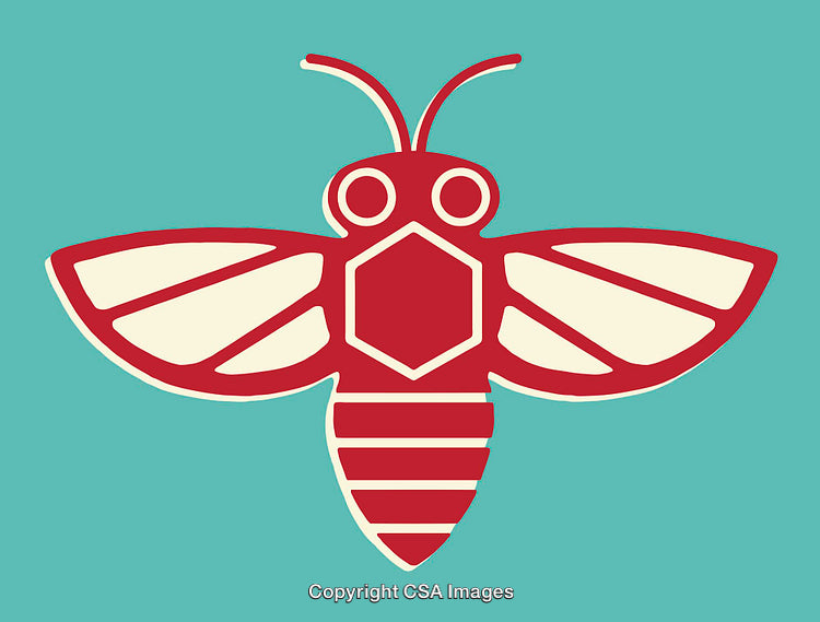 Colorful Line Art Illustration of a Red Stylized Flying Insect on Blue Background