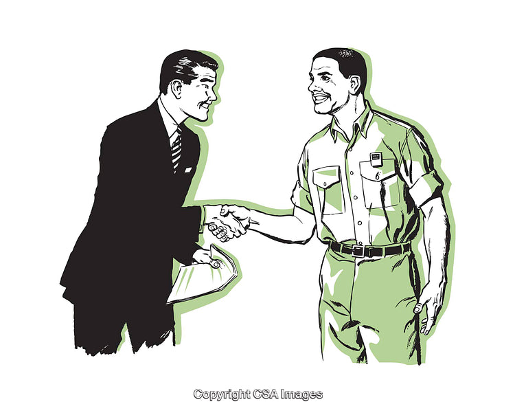 Business Professional Shaking Hands With Factory Worker in Retro Style Art