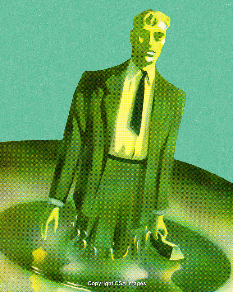 Surreal Businessman in Green Abstract Environment Representing Metaphorical Melting