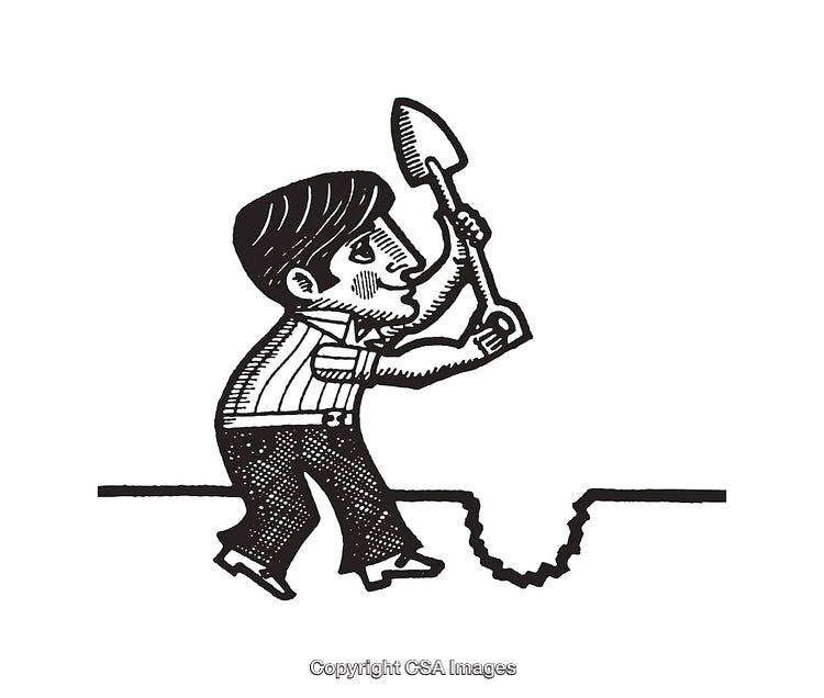 Black and White Line Art Illustration of a Man Digging a Hole