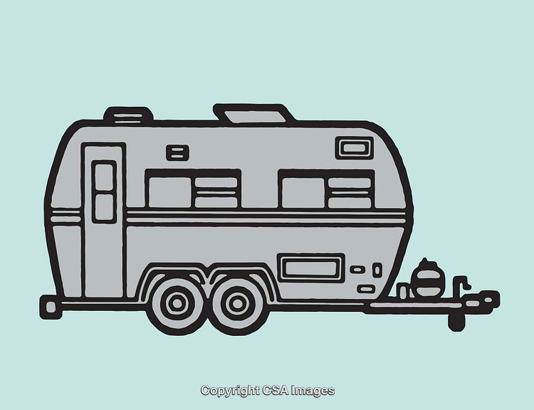 Minimalist Color Illustration of a Vintage Travel Trailer on Blue Background