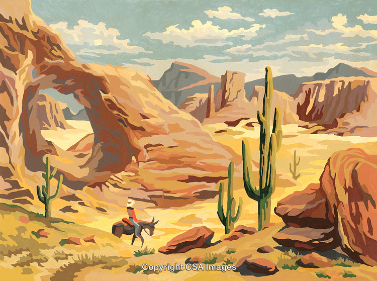 Cowboy Riding Through Desert Landscape with Cacti and Sandstone Formations