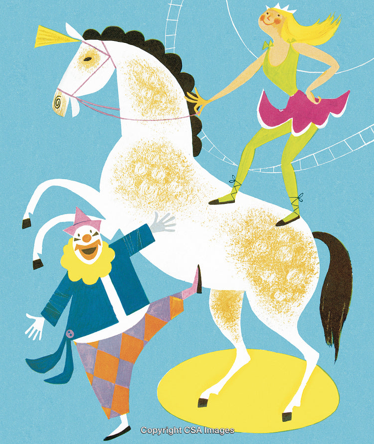 Colorful Circus Scene with Performer, Horse, and Cheerful Clown